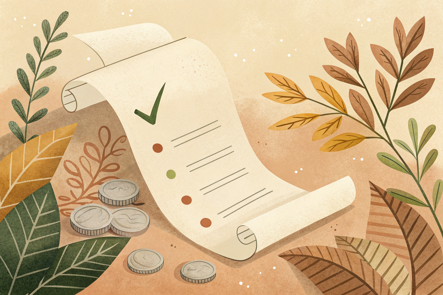 Ilustración de un ticket de compra con una palomita y tres puntos de color que representan los tres datos para facturar