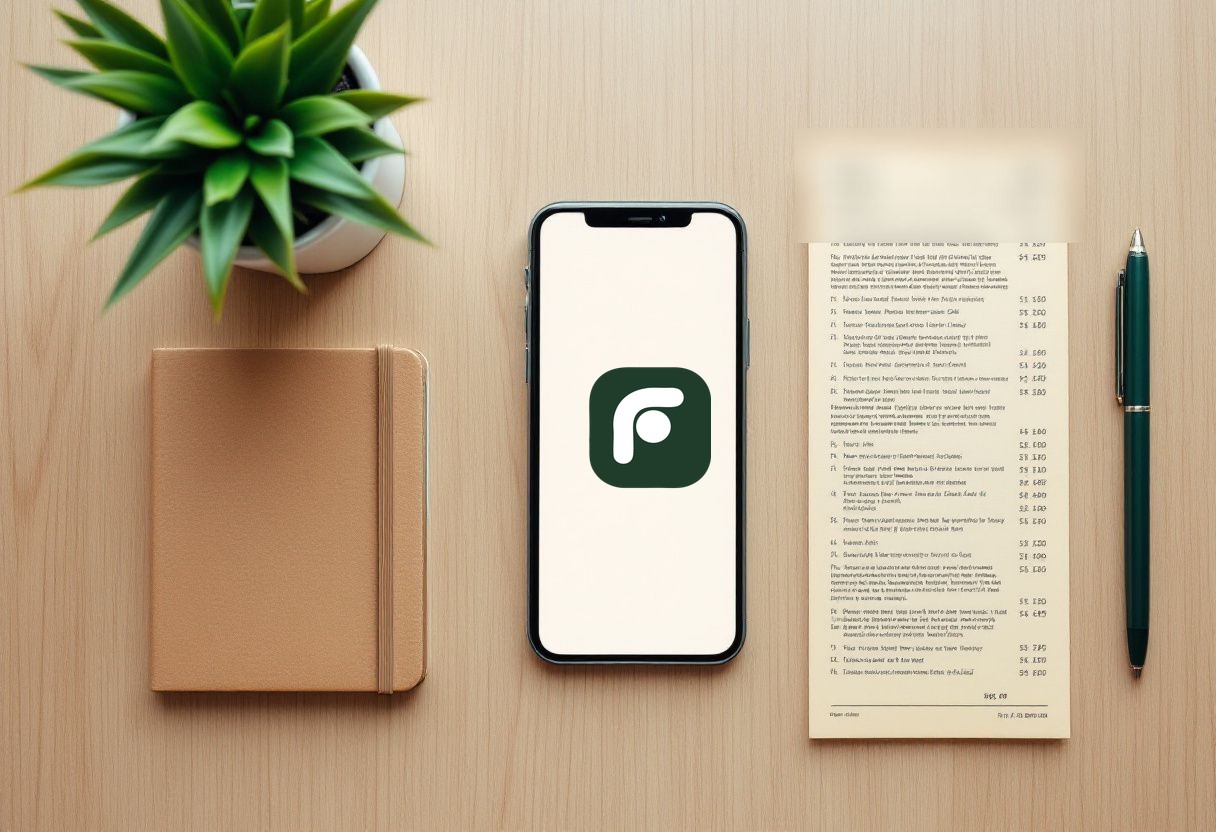 Un iPhone con el logo de FacturIA en pantalla junto a un ticket de compra y una libreta sobre un escritorio de madera
