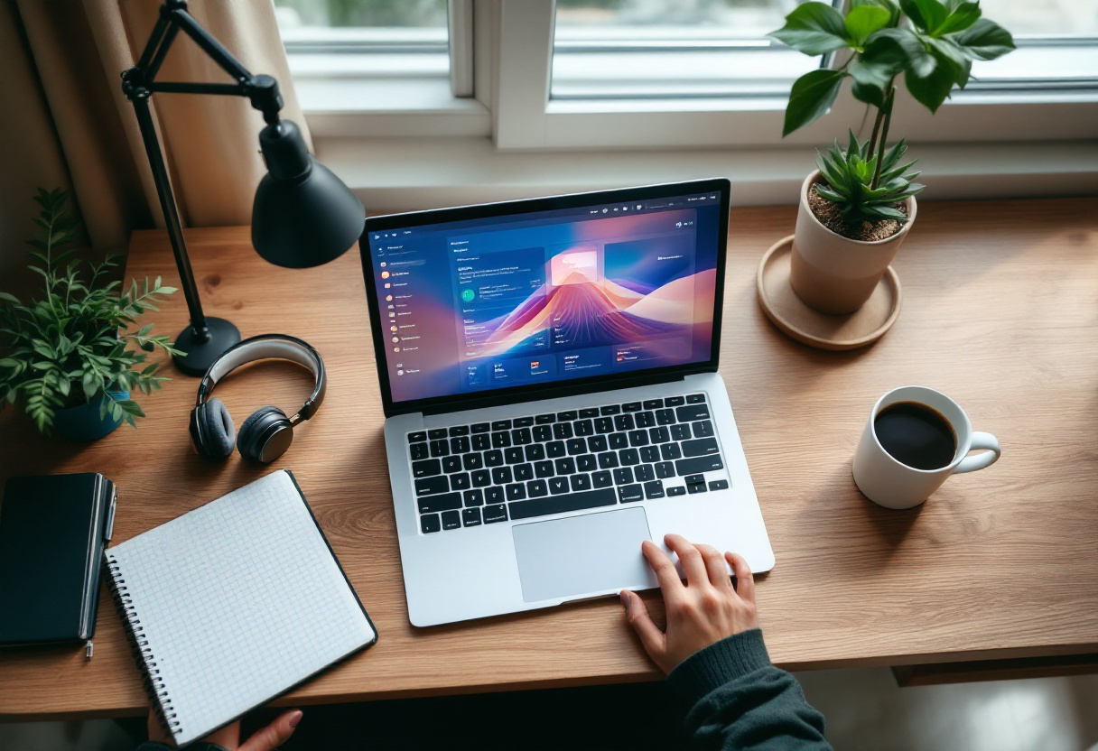 Escritorio de home office de un freelancer con laptop encendida, audífonos, libreta, café y plantas junto a la ventana