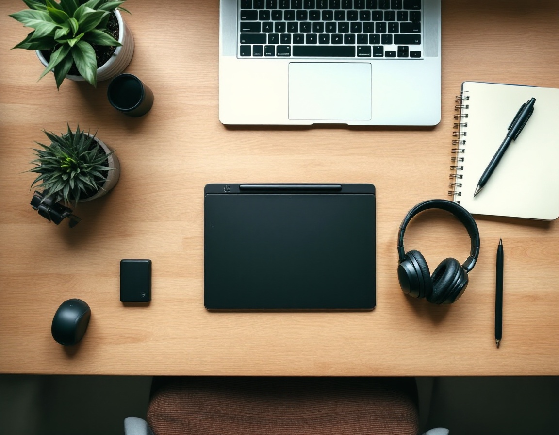 Vista superior del equipo de trabajo de un freelancer sobre un escritorio: laptop, tableta con lápiz, audífonos, disco duro y libreta