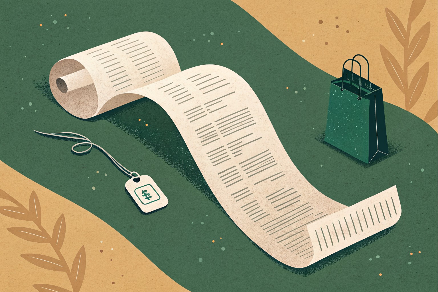 Ilustración de un ticket de compra desenrollado con una etiqueta numerada colgando, junto a una bolsa de súper