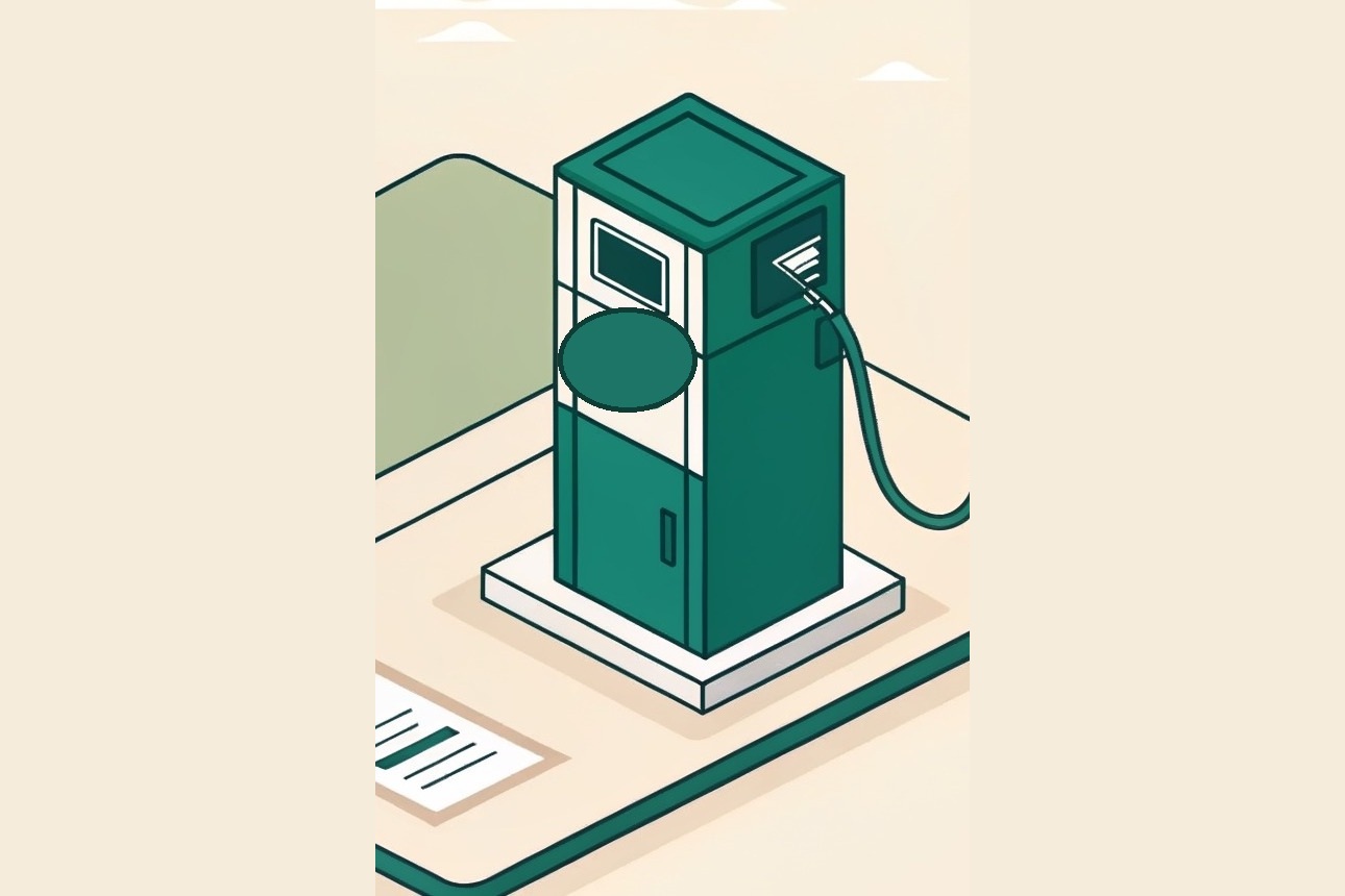 Ilustración isométrica de un surtidor de gasolina con un ticket de compra junto a él