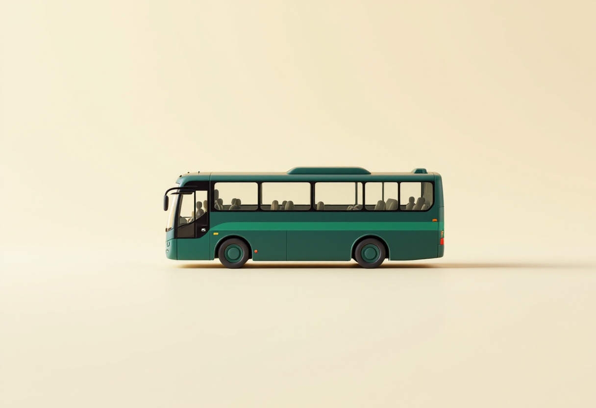 Renderizado 3D suave de un autobús foráneo verde bosque con franja esmeralda, sobre fondo crema liso