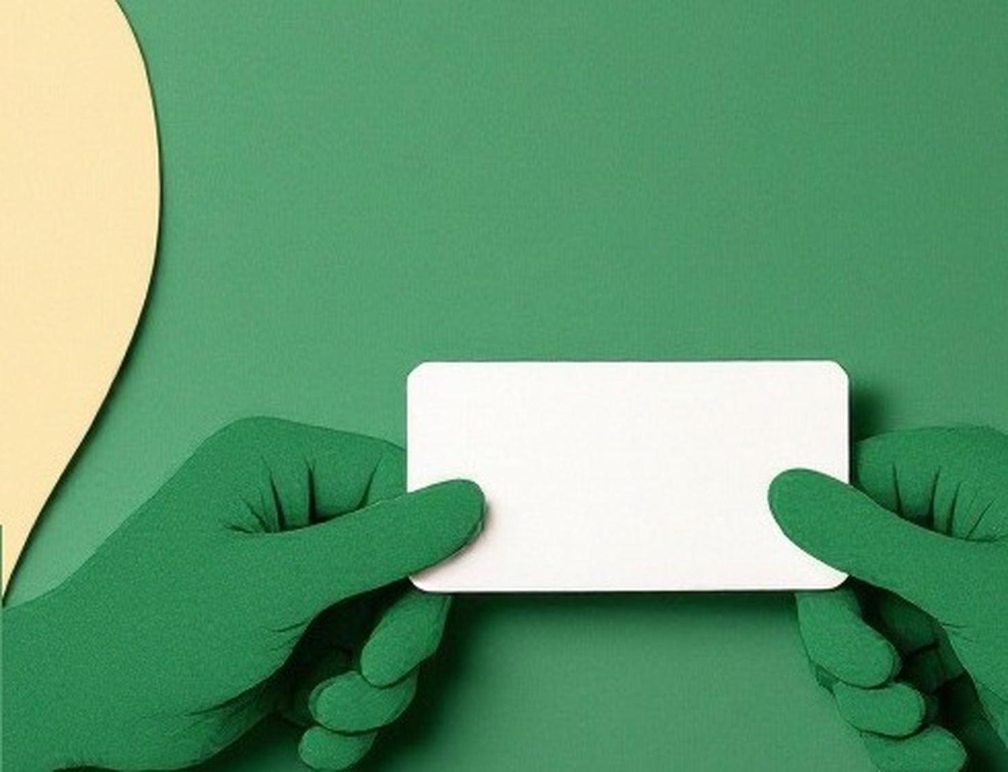 Dos manos de papel intercambiando una tarjeta en blanco, ilustración en verde esmeralda y beige