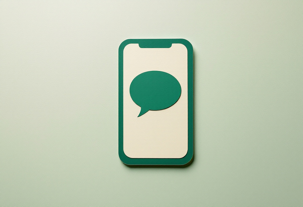 Collage de papel de un teléfono con una burbuja de chat verde en la pantalla, sobre fondo verde salvia