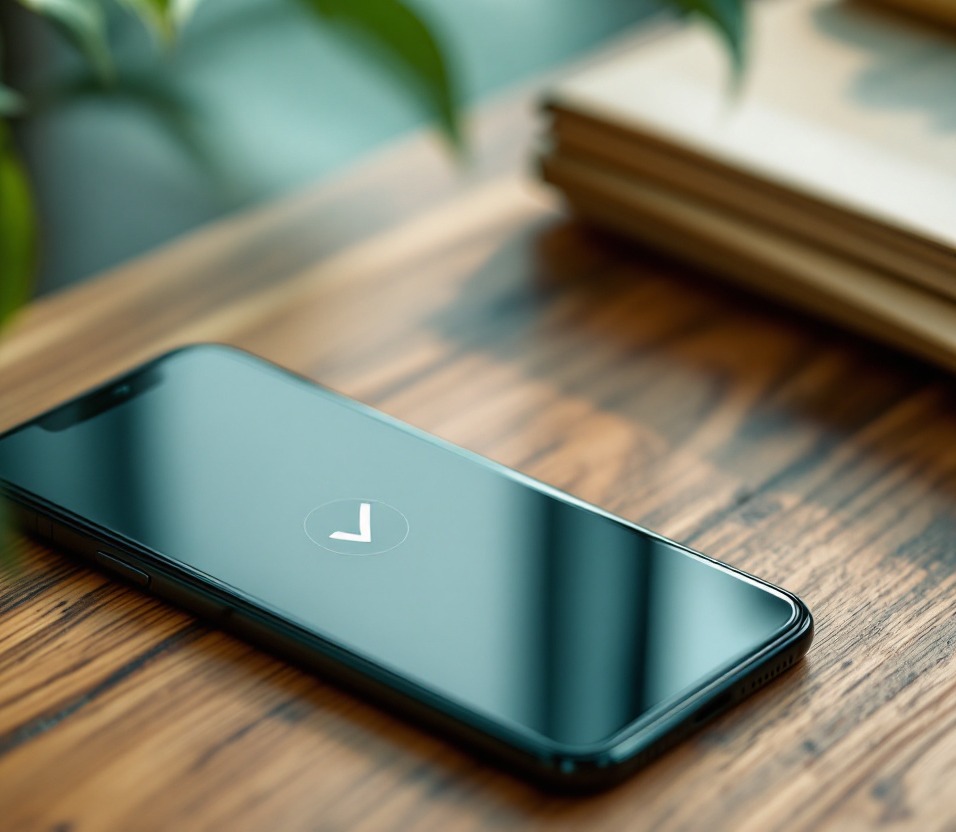 Un iPhone sobre un escritorio de madera con la pantalla mostrando una palomita de confirmación, junto a unos cuadernos y una planta desenfocados