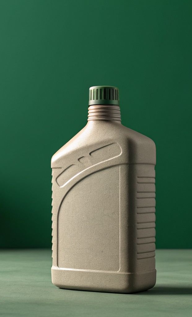 Renderizado suave de una botella de aceite para motor sin etiqueta, sobre fondo verde bosque