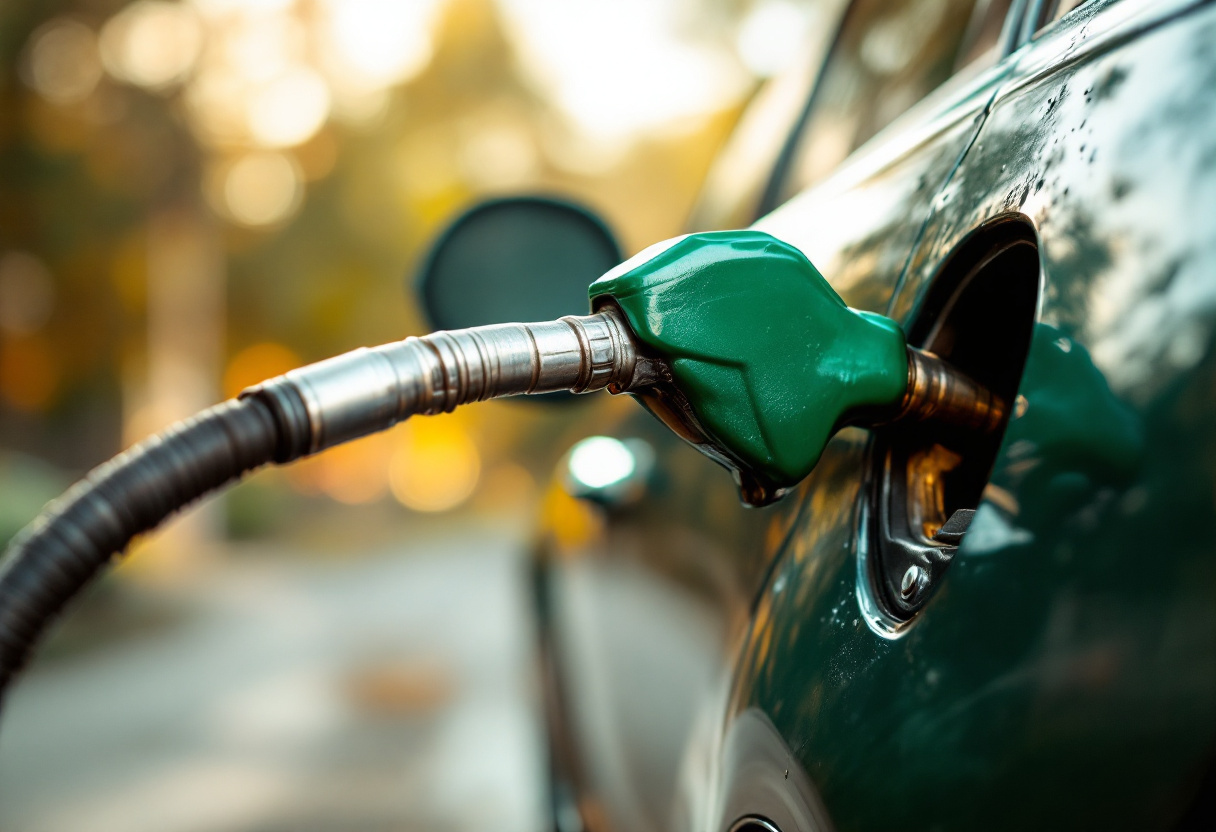Fotografía macro de una pistola de gasolina verde esmeralda insertada en el tanque de un auto