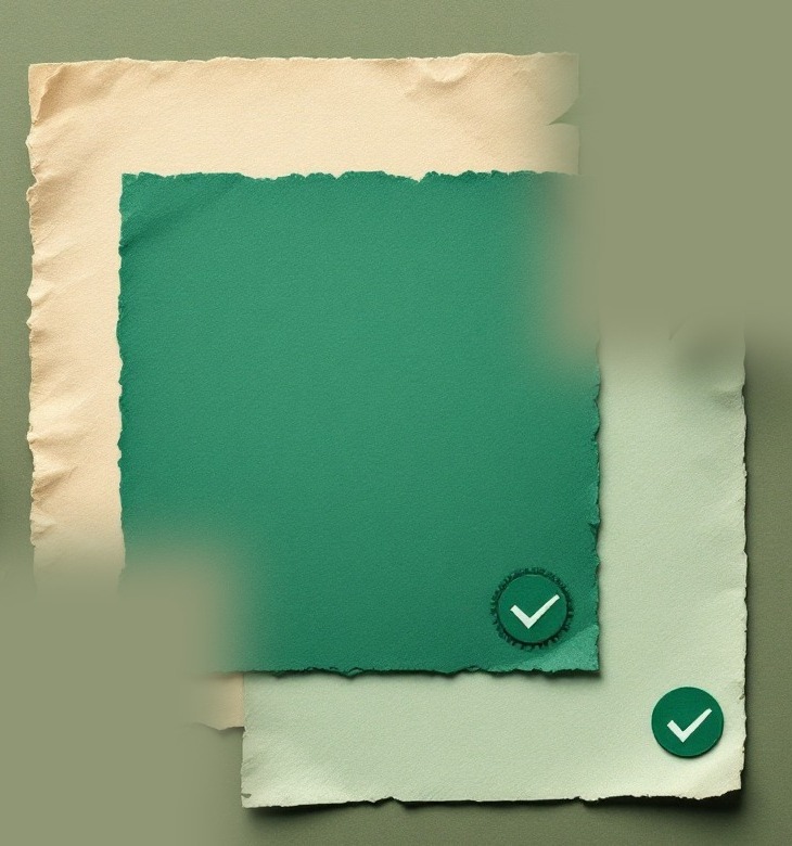 Collage de tres documentos de papel superpuestos en tonos verdes con un sello de palomita, representando una actualización