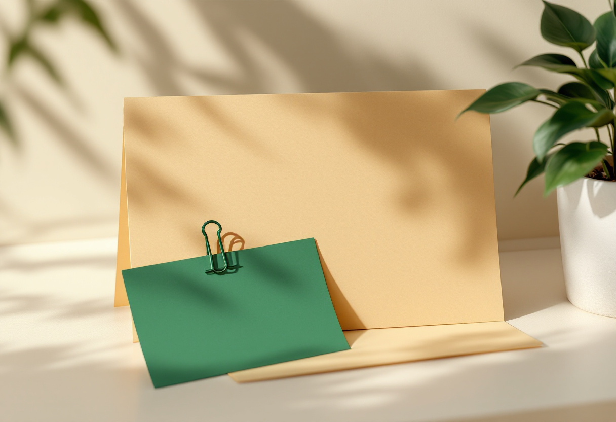 Una tarjeta verde pequeña sujeta con un clip a una tarjeta más grande color arena, junto a una planta