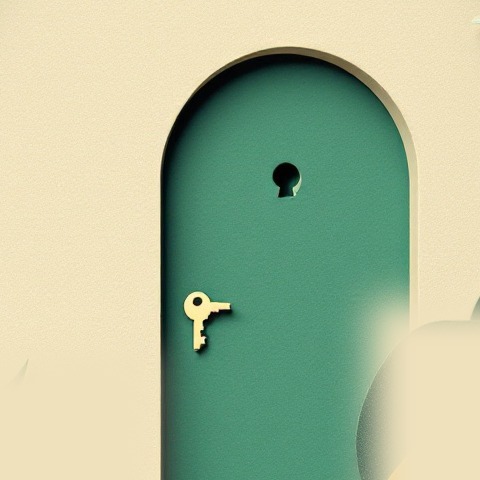 Ilustración de una puerta verde con una llave dorada junto a la cerradura, en collage de papel recortado