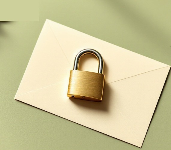Un candado cerrado sobre un sobre de papel color parchment, simbolizando la protección de los datos fiscales