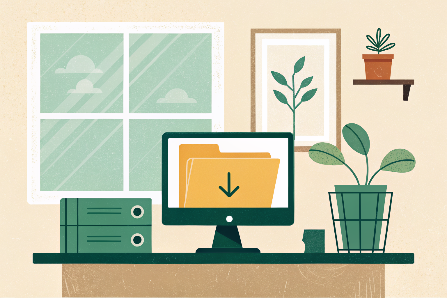 Escritorio ilustrado con una computadora mostrando un ícono de carpeta y descarga, ventana, plantas y libreros al fondo