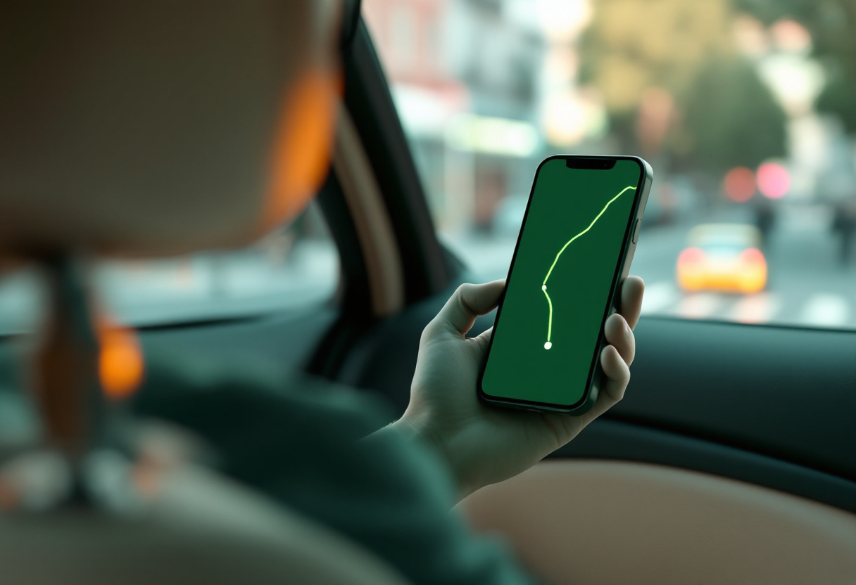 Vista desde el asiento trasero de un auto de una mano sosteniendo un iPhone con una ruta verde en pantalla, calle de fondo desenfocada