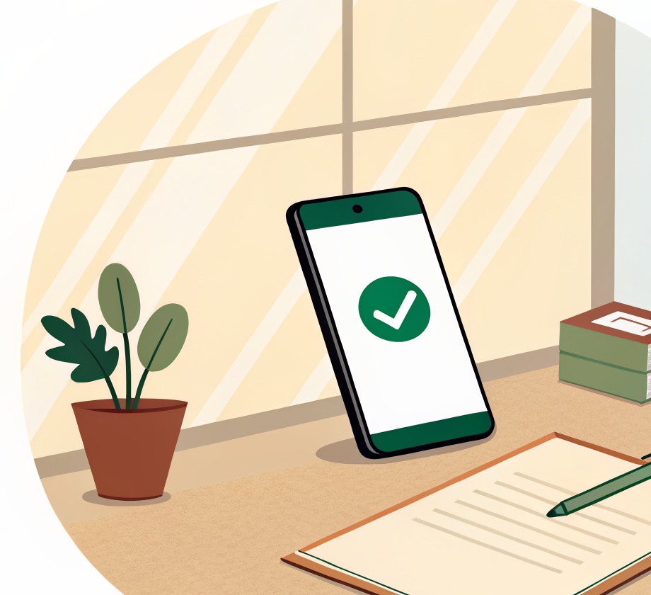 Escritorio ilustrado con un celular mostrando una palomita verde, una planta, libretas y un cuaderno abierto