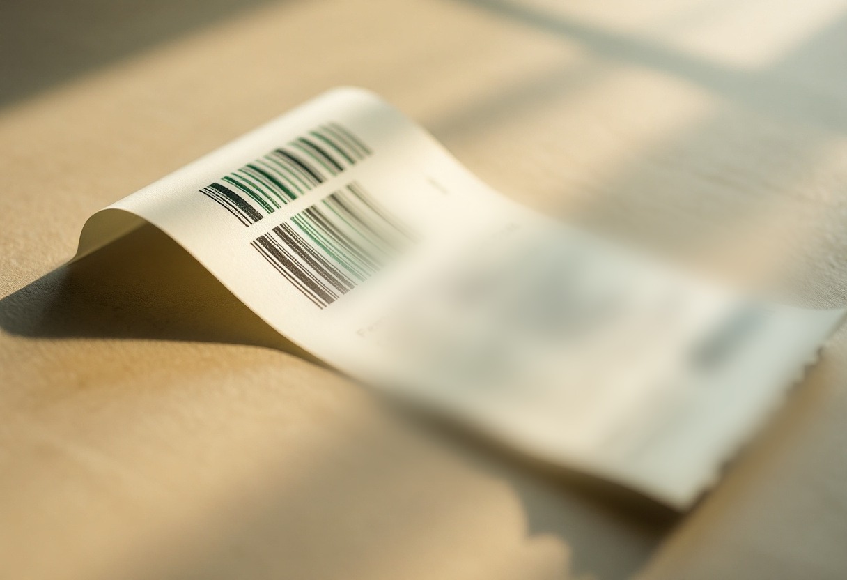Ticket de compra enrollado con un código de barras nítido en primer plano y filas de texto totalmente desenfocadas