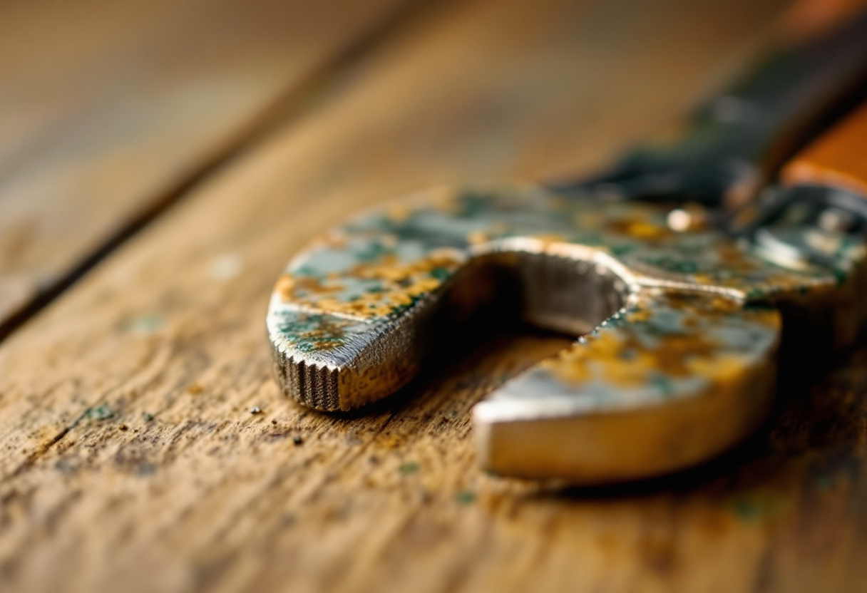 Fotografía macro de una llave de tuercas metálica sobre una superficie de madera