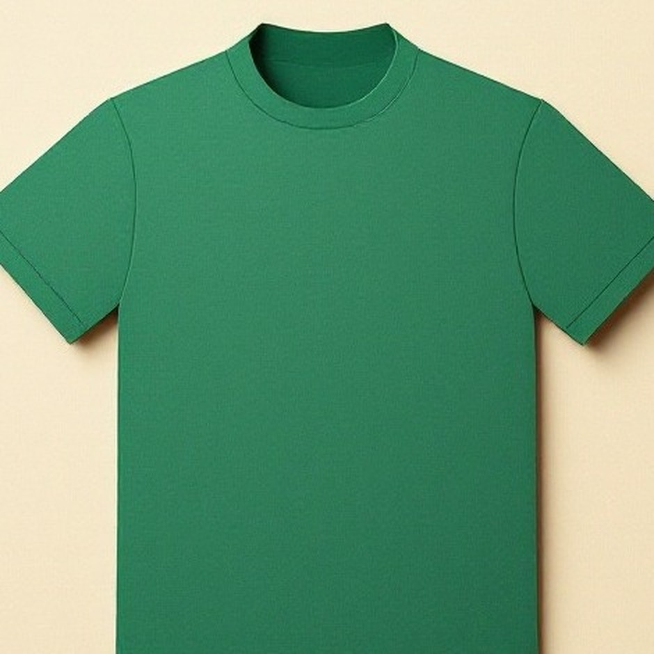 Ilustración de una playera doblada en color verde esmeralda sobre fondo color parchment