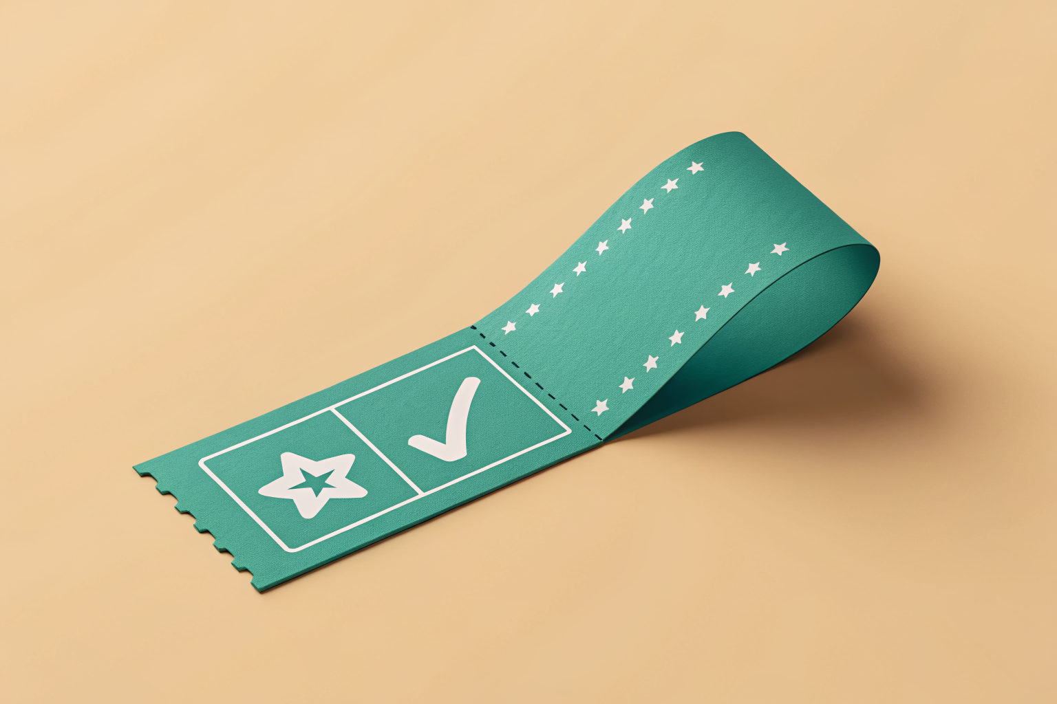 Un ticket de papel verde estilizado que se transforma en una tarjeta con una palomita de confirmación, representando la facturación automática