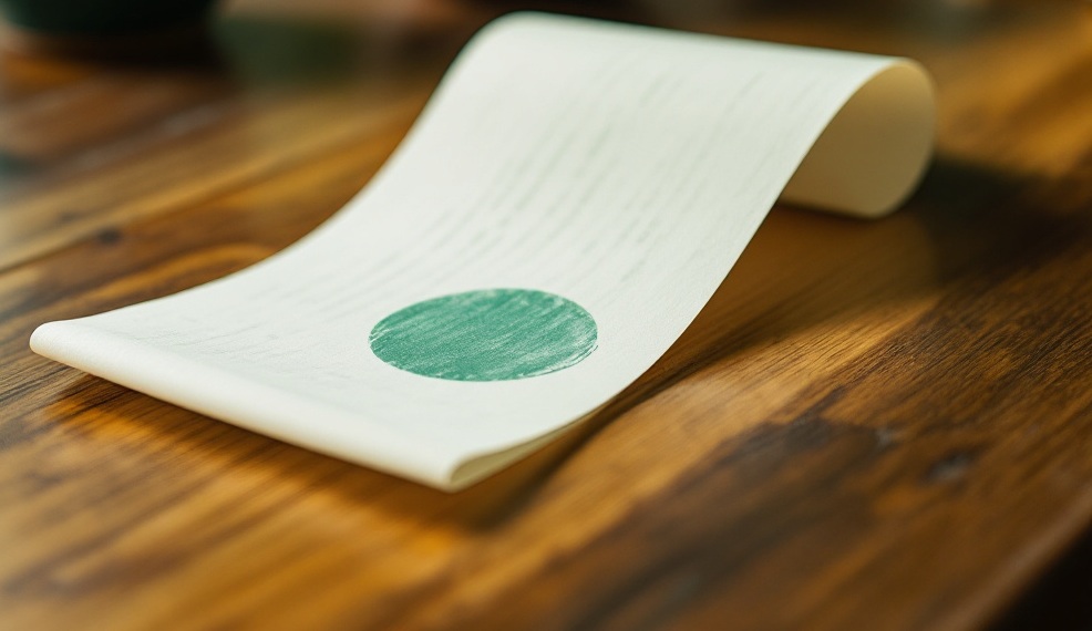 Fotografía editorial de un ticket de papel curveado sobre un escritorio de madera con un sello circular verde esmeralda
