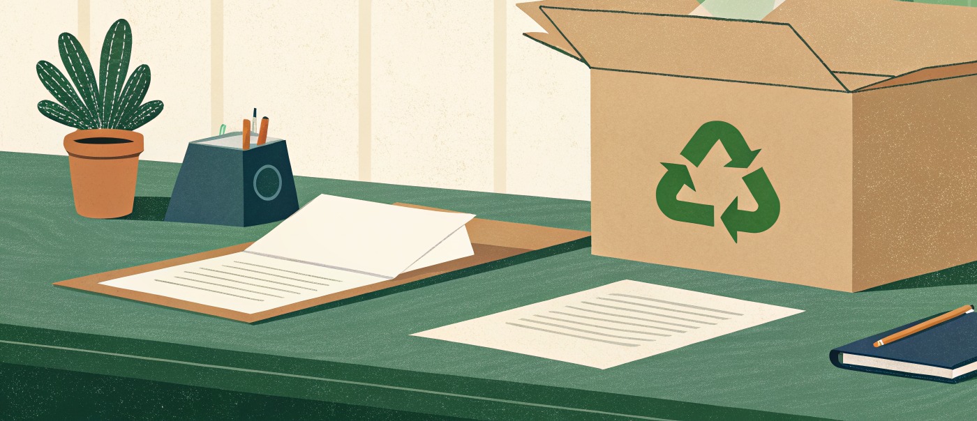 Oficina ilustrada con una caja de cartón abierta con símbolo de reciclaje, documentos en blanco y una planta sobre un escritorio verde