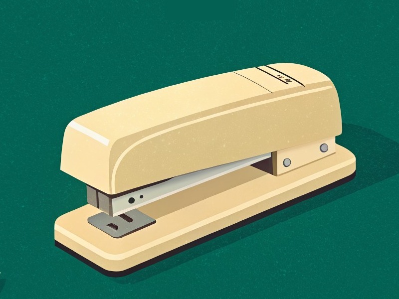 Ilustración plana de una engrapadora color crema sobre fondo verde bosque