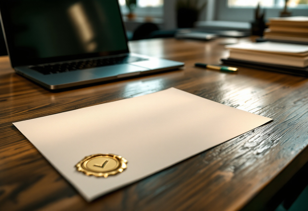 Documento en blanco con un sello dorado de aprobación sobre un escritorio de madera, junto a una laptop