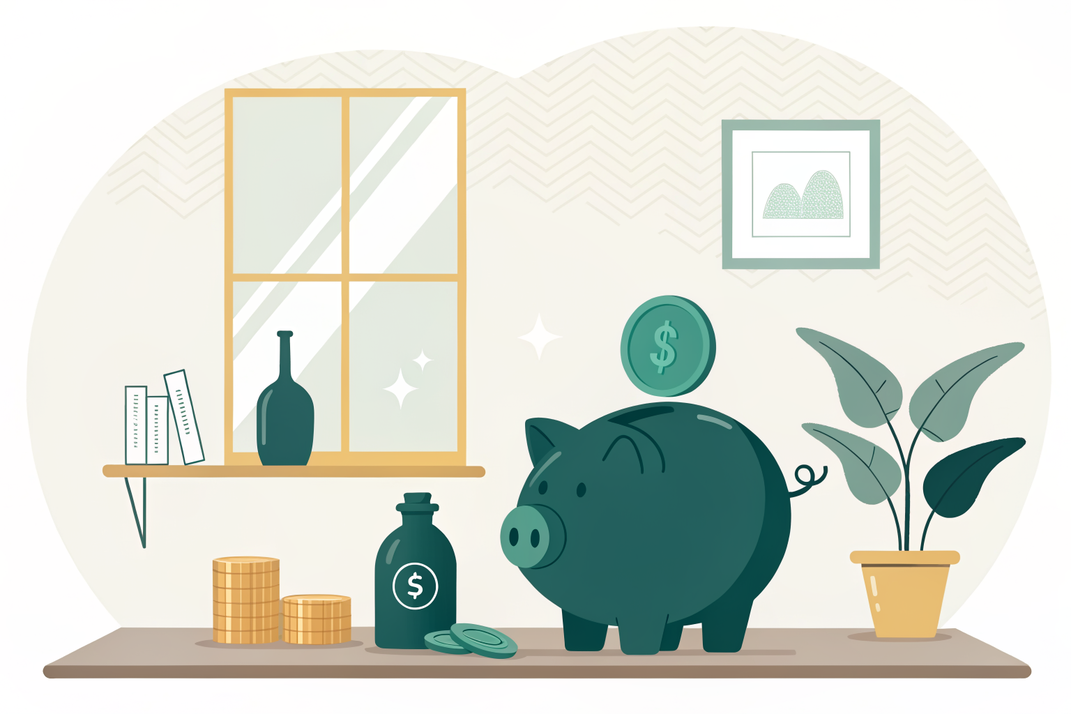 Ilustración de una alcancía verde recibiendo una moneda grande junto a una pila de monedas más pequeñas sobre un escritorio