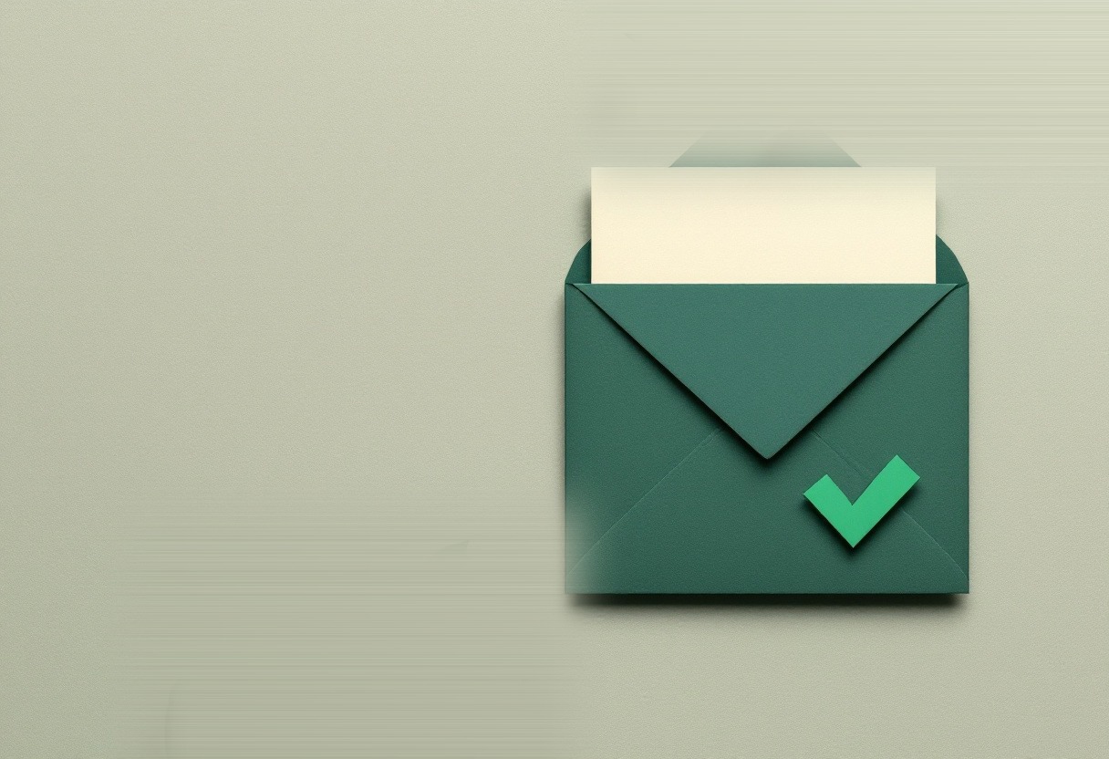 Ilustración de un sobre verde con una tarjeta color crema saliendo y una palomita verde de confirmación