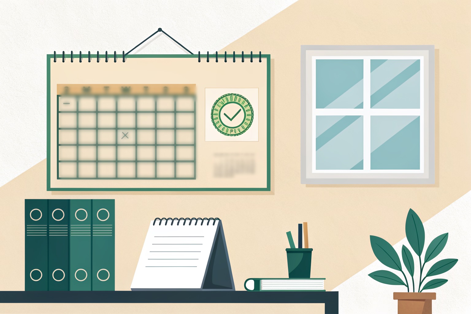 Oficina ilustrada con un calendario de pared, un sello de aprobación verde, libreros, una planta y una ventana