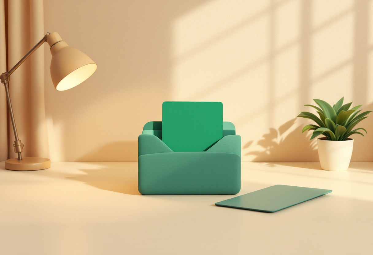 Render 3D de una carpeta verde con una tarjeta en blanco saliendo, junto a una lámpara y una planta sobre un escritorio