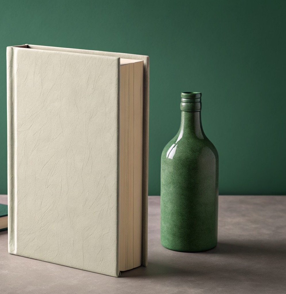 Un libro cerrado de portada lisa junto a una botella de vidrio, en tonos verde bosque y beige