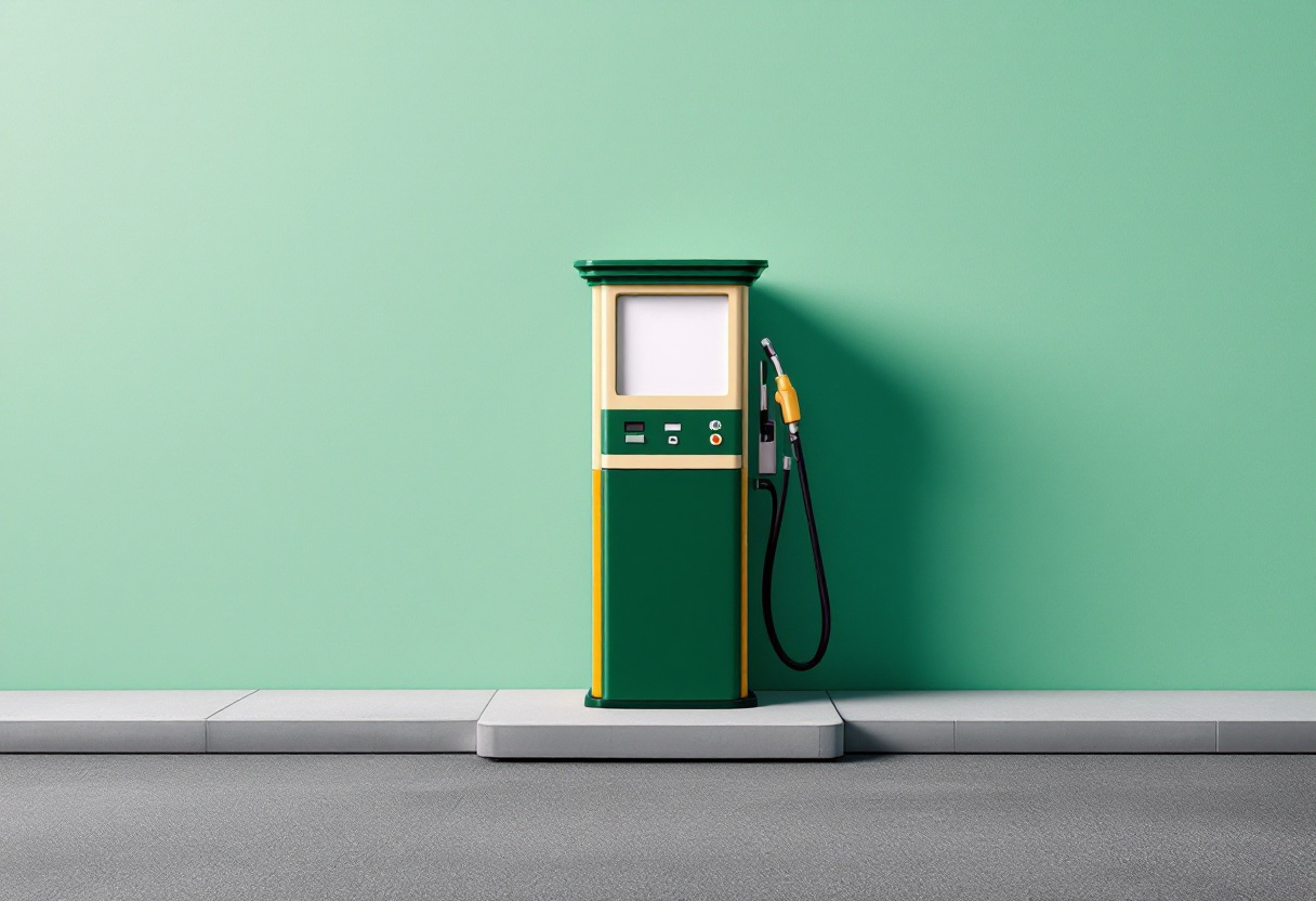 Ilustración de un surtidor de gasolina verde bosque solitario junto a una pared verde menta, sobre pavimento gris