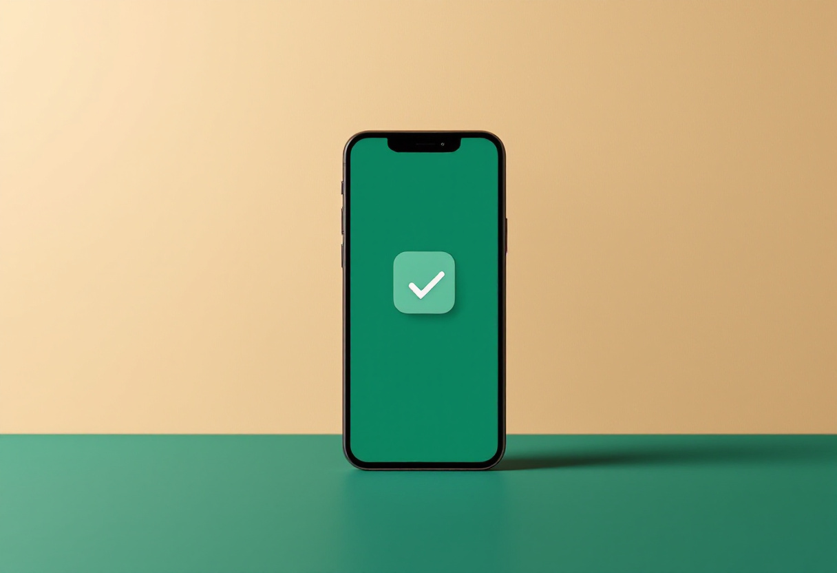 Un iPhone de pie sobre una superficie con la pantalla encendida mostrando un ícono de palomita verde, sin ninguna aplicación de por medio