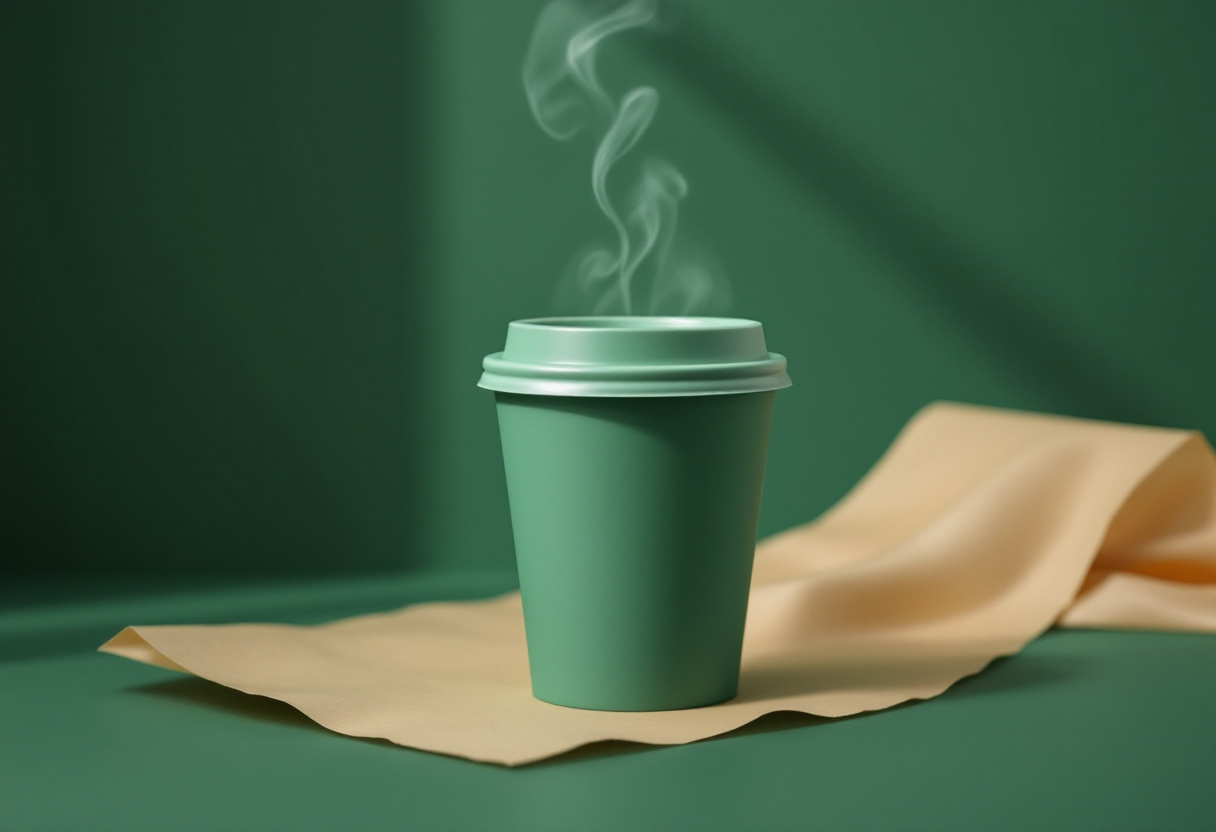Vaso de café para llevar con tapa, con un hilo de vapor, sobre un mantel color parchment y fondo verde bosque