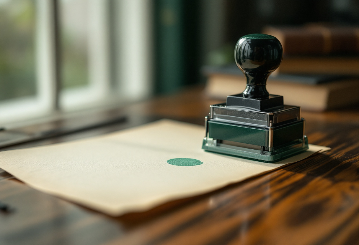 Un sello de goma dejando una marca verde recién estampada sobre un documento en un escritorio de madera