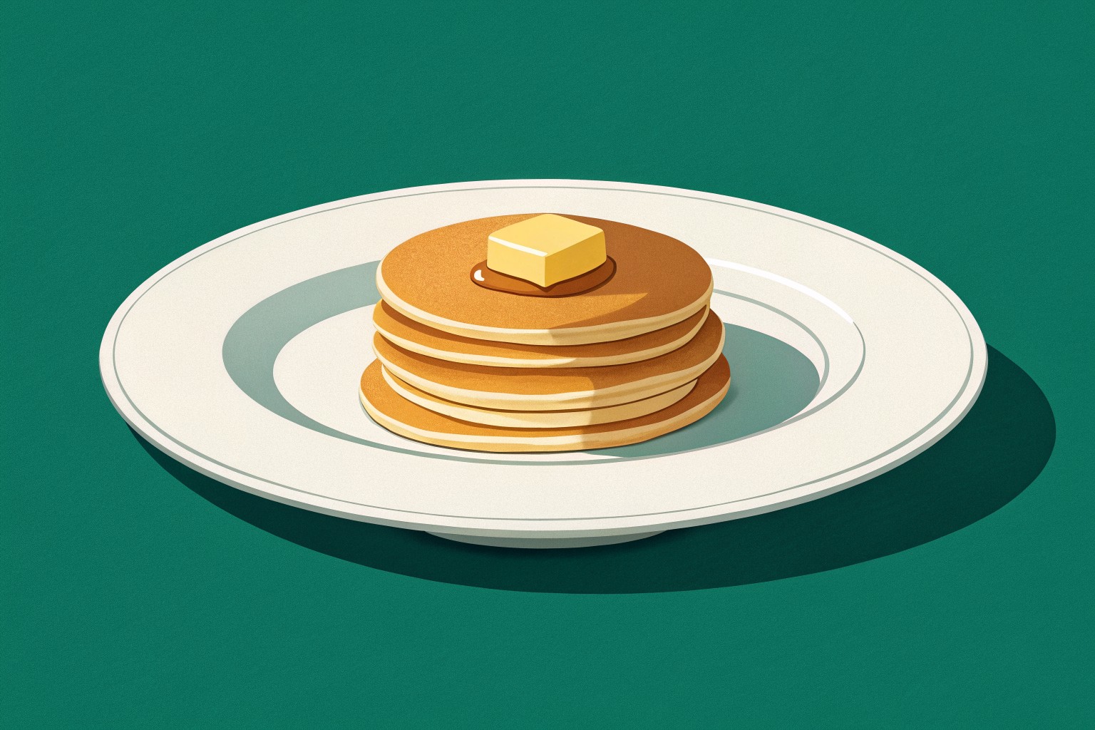 Ilustración plana de un plato con un stack de hot cakes y un cuadro de mantequilla, fondo verde bosque
