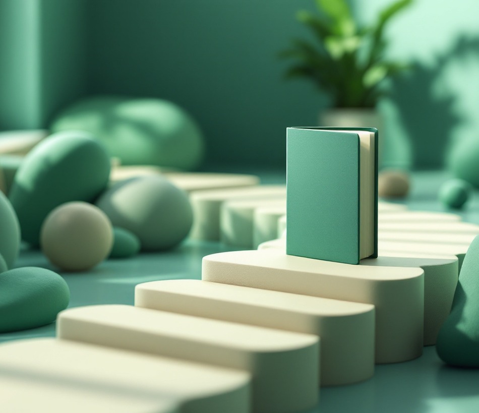 Render 3D de un camino sinuoso de escalones que lleva a una pequeña carpeta verde, con una planta y piedras decorativas