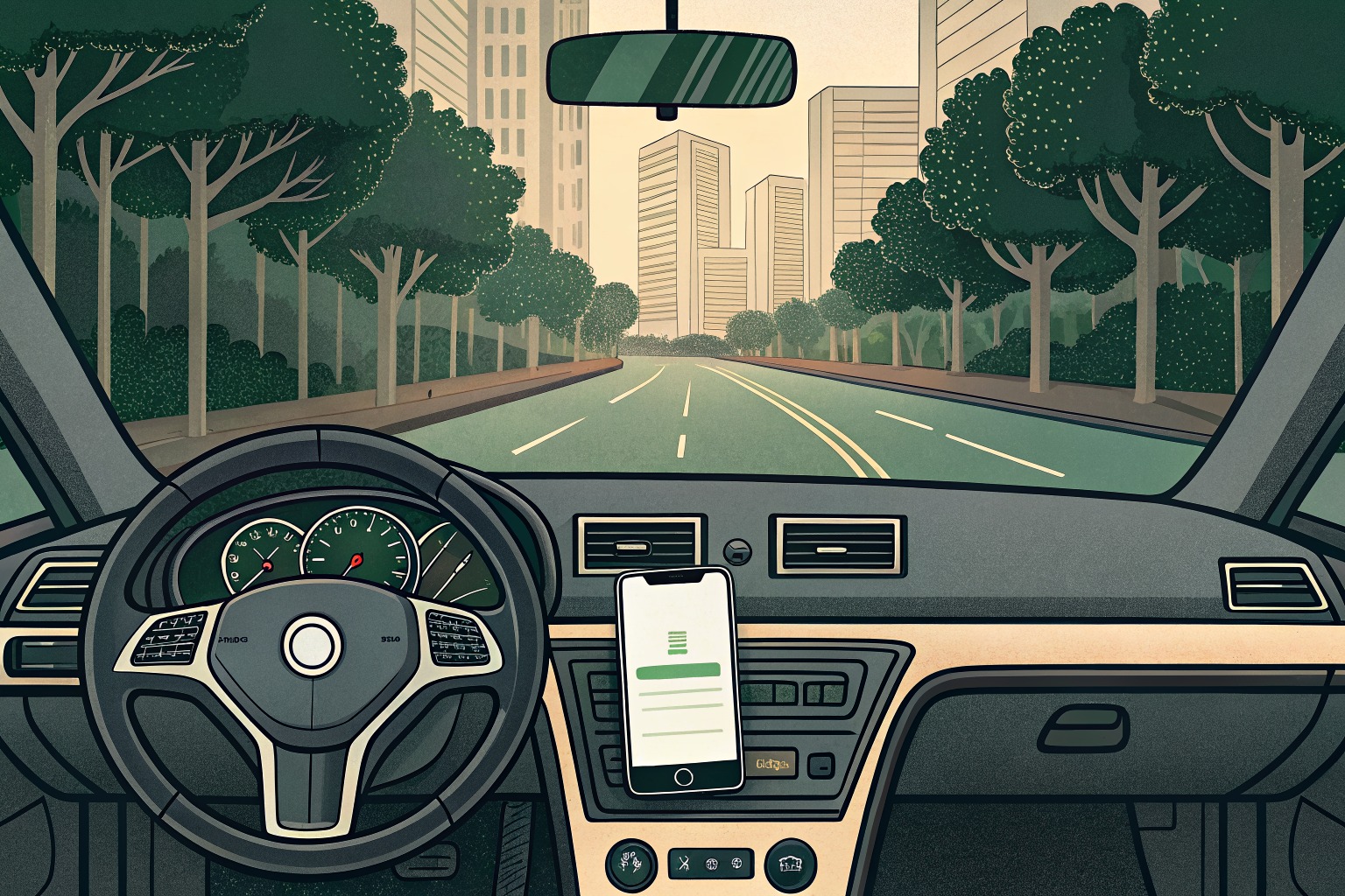 Ilustración del tablero de un auto con un iPhone montado mostrando una ruta, avenida arbolada de fondo