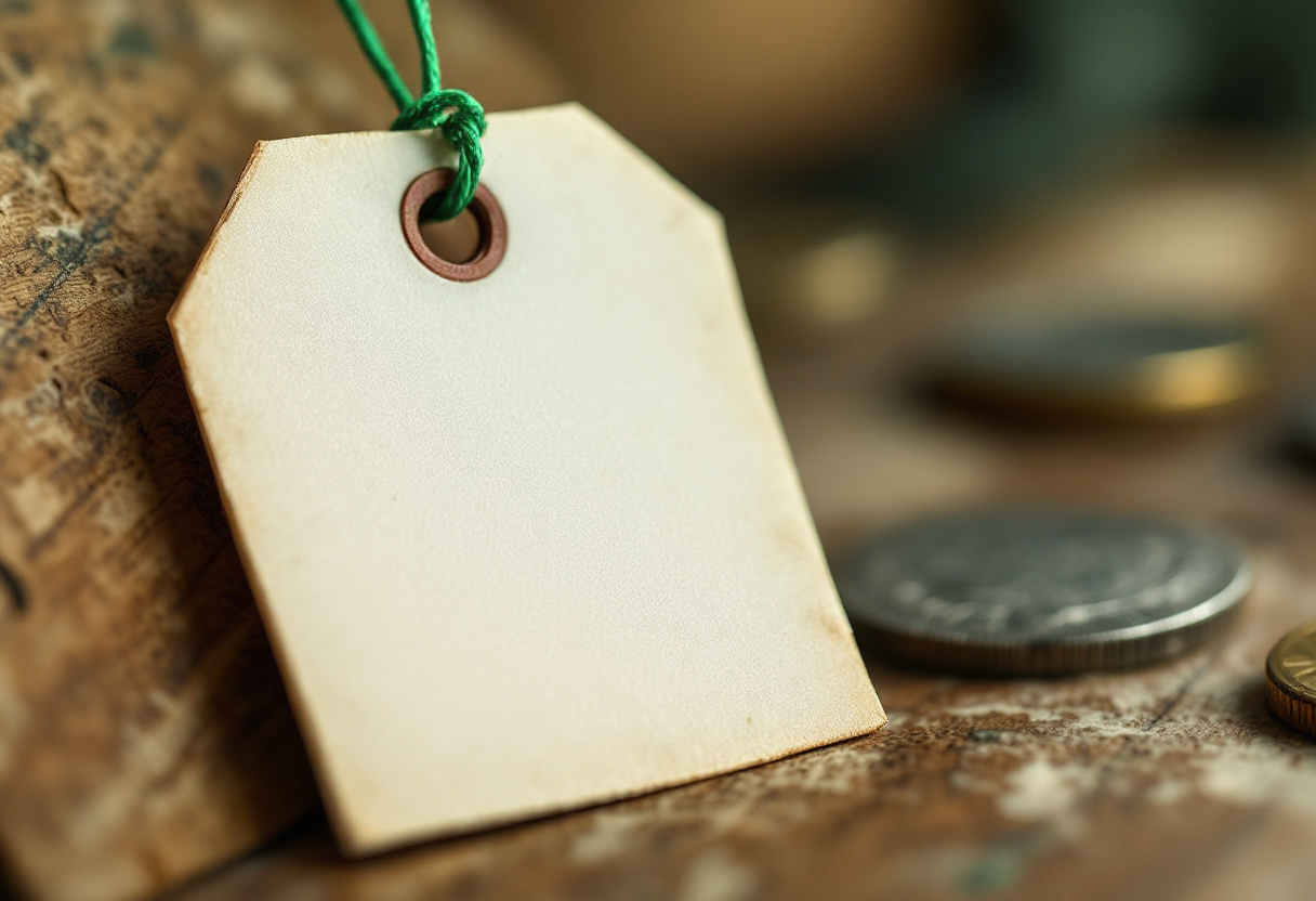 Macro de una etiqueta de precio en blanco colgando de un cordón verde, con monedas desenfocadas al fondo