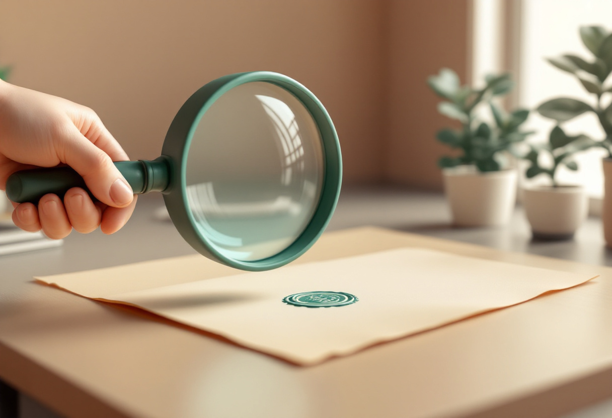 Una mano sostiene una lupa sobre un sello verde en un documento, con plantas y una ventana desenfocadas al fondo