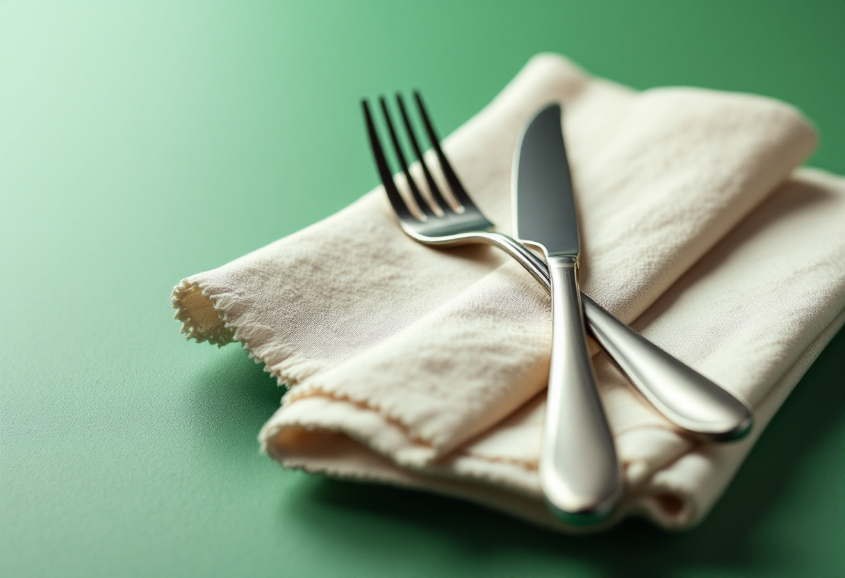 Fotografía macro de un tenedor y un cuchillo sobre una servilleta de tela, fondo verde