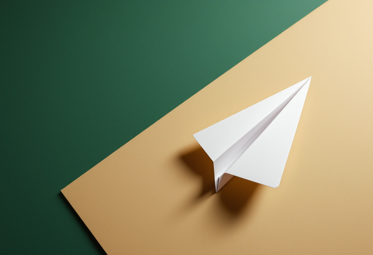 Fotografía editorial de un avión de papel sobre una superficie parchment con fondo verde bosque