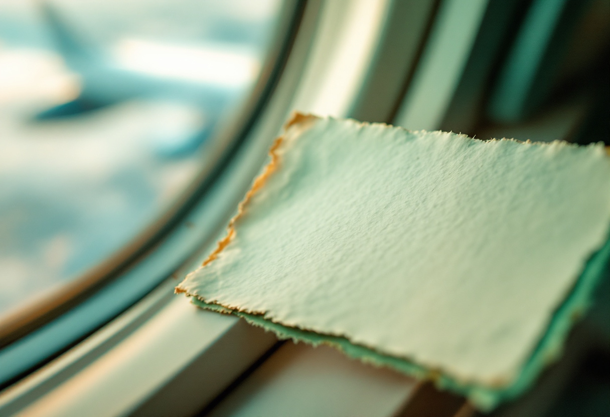 Fotografía macro de una tarjeta de papel con borde rasgado sobre el borde de una ventanilla de avión, ala de avión desenfocada de fondo