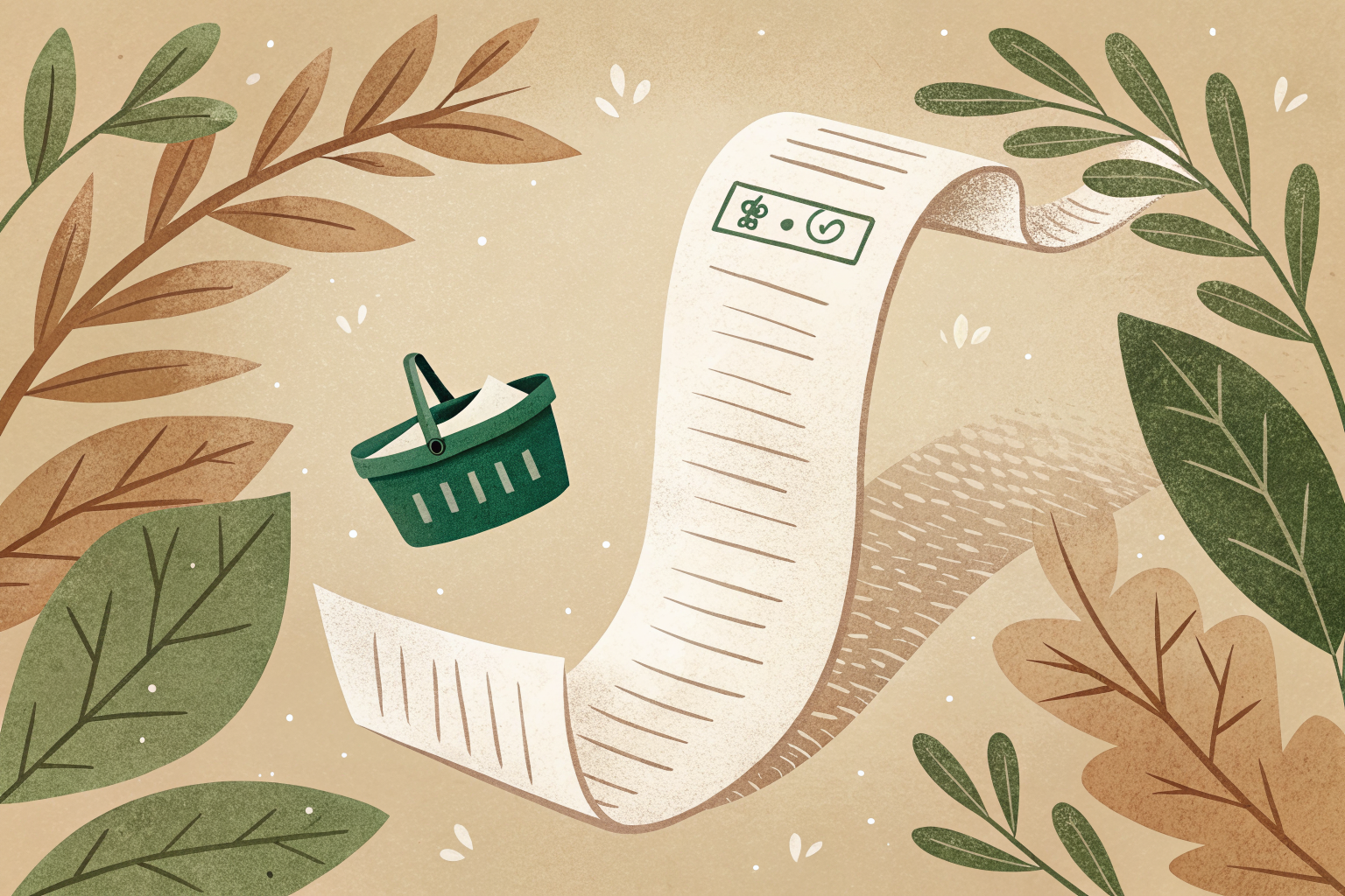 Ilustración de un ticket de compra desenrollado con un icono de canasta de súper
