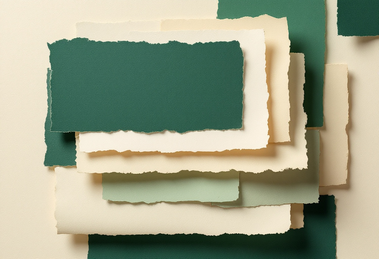 Collage de papel recortado con hojas superpuestas como páginas de calendario en tonos verde y crema