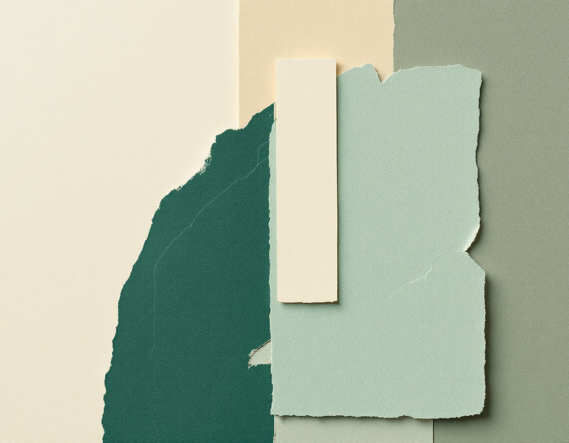 Collage de papel con una tira de papel crema metida entre dos cartulinas recortadas verdes
