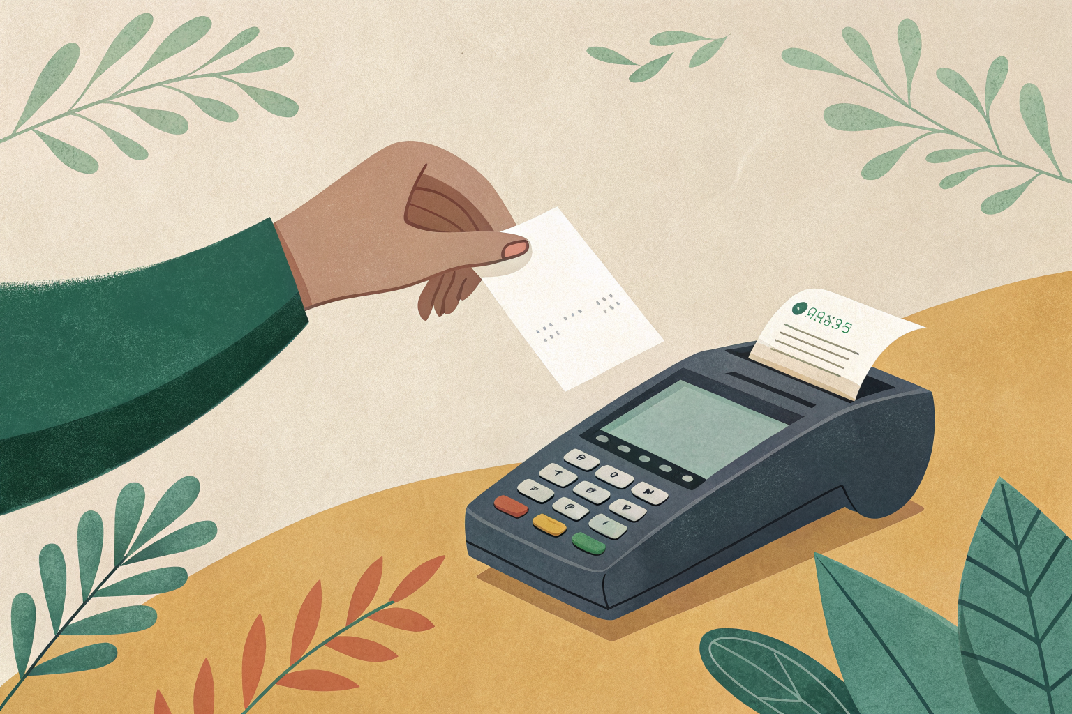 Ilustración de una mano entregando un ticket de compra junto a una terminal de pago