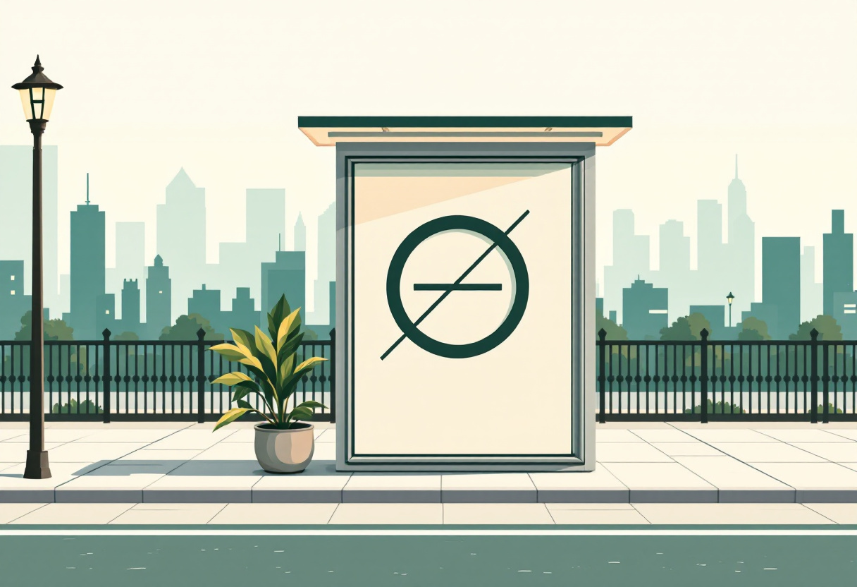 Ilustración plana de un pequeño quiosco urbano con un símbolo de círculo tachado, junto a una banca y el perfil de una ciudad de fondo