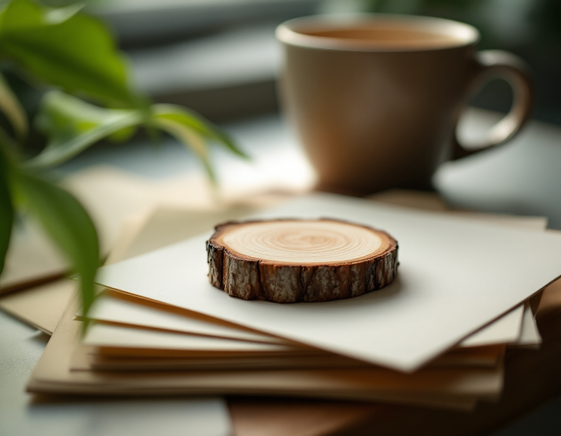 Fotografía editorial de una rodaja de tronco de madera sobre una pila de tarjetas en blanco, con una taza de café y una planta de fondo
